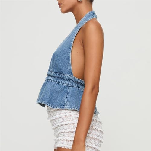 Women Sexy Halter Jean Vest Deep V Neck Denim Tie Vest Summer Backless Ruffle Denim Tank Top Streeetwear3