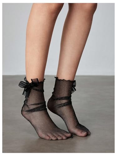 Image of SHENHE Women's Sheer Fishnet Rhinestone Hollow Out Thin Mid Calf Anklet Crew Socks