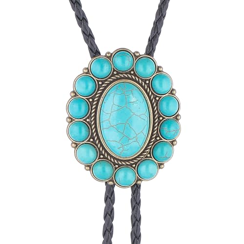 Image of GelConnie Bolo Tie for Men Women Western Cowboy Turquoise Leather Necktie | Natural Stone Bolo Tie Necklace for Women Rodeo Cowboy Leather Necktie Native American Western Cowgirl Ties Adjustable Cord