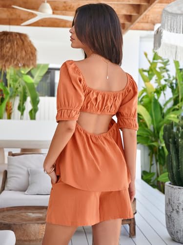 Image of Tankaneo Womens 2 Piece Outfits Summer Square Neck Short Puff Sleeve Babydoll Tops and Shorts Matching Set