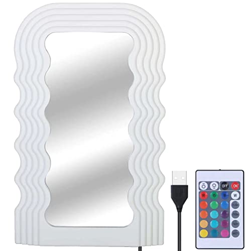 Simmer Stone Miroir mural esthétique avec cadre irrégulier, lumières LED décoratives lumineuses avec télécommande, 18 modes d'éclairage pour salon, fête (blanc)