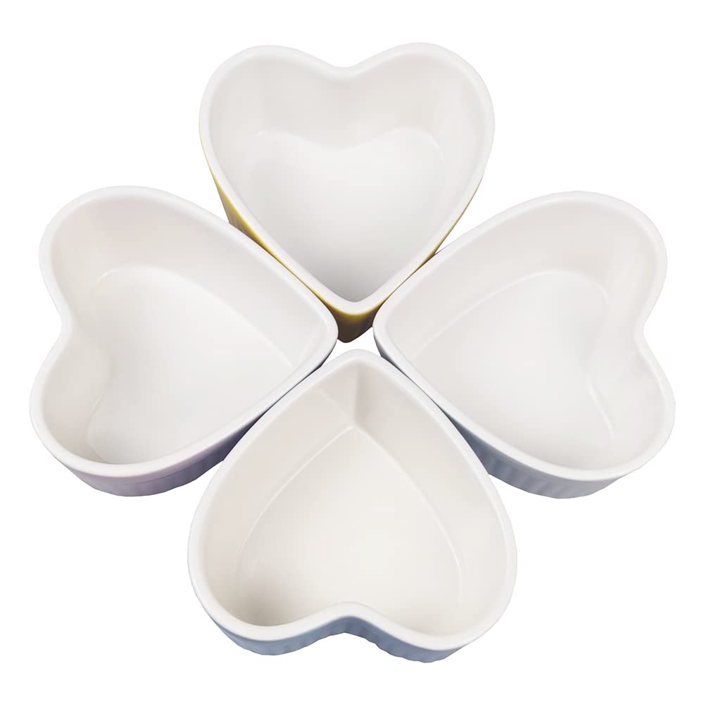 Sizikato Platos de porcelana blanca en forma de corazón, ramequines, 3.6 pulgadas para soufflé, crema brulee y salsas de inmersión, juego de 4