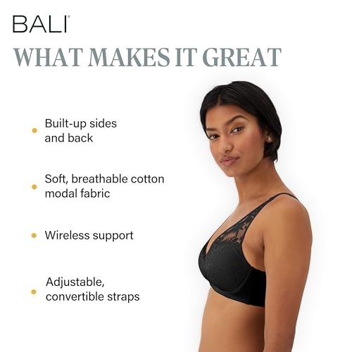Image of Bali Women's Wireless Bras for Women - Breathe Lace Cotton Modal No Underwire Bra, Adjustable T-Shirt, Plus Size