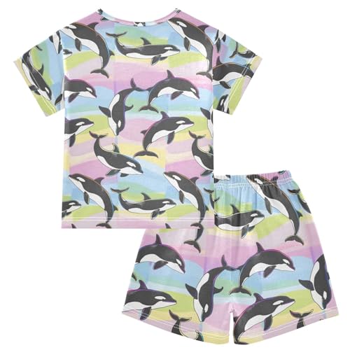 ALAZA Rainbow Dolphin Fish Color Pajamas Short Sleeve 2 Piece Sleepwear Top and Bottom Pajama Set Unisex2