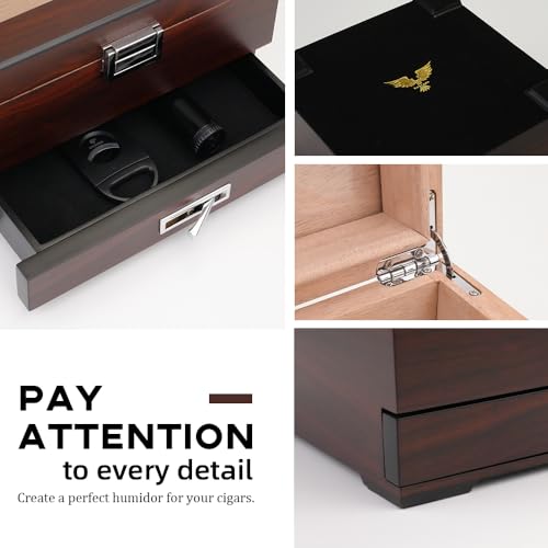 Bald Eagle Cigar Humidor, Handmade Box with Humidifier Hygrometer, Cedar Wood Glass Top Case with Accessories Drawer, Hold 30-35 Cigars - Image 5