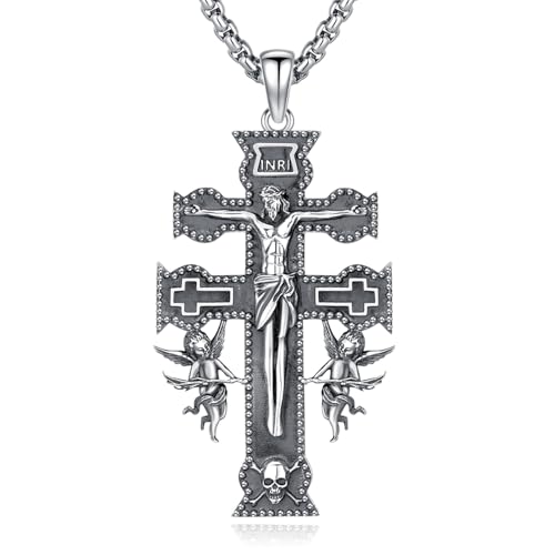Eusense Jesús Crucifijo Cruz Collar de Plata de Ley 925 Cruz Collar Colgante Cruz de Caravaca Cruz Amuleto Joyería Regalo para Hombres Mujeres