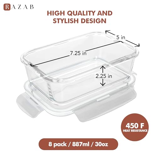 Image of Razab 16 Pc (Set of 8) 30 Oz Glass Meal Prep Containers with Lids, Airtight Large Glass Food Storage Containers, Reusable Leak Proof BPA Free, Freezer to Oven and Dishwasher Safe