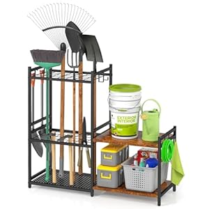 Garage Tool Organizer with 2-tier Wooden Shelves, Yard Tool Organizer for Garage with 6 Hooks, Heavy duty Steel Garden Tool Rack Holds up to 35 Long Handled Yard tools for Storage, Black
