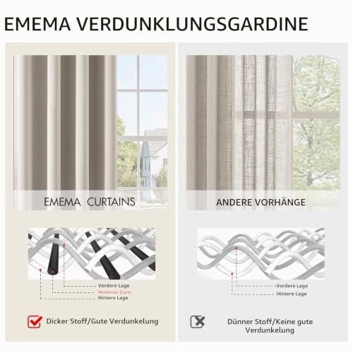 EMEMA Blickdicht Vorhänge mit Ösen 2er Set 140x260cm Naturfarbe Gardinen – Ansicht 7