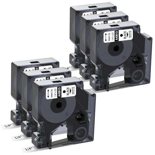 6-Pack Compatible Dymo 1/4 Inch 43613 D1 Label Tape Black on White 6mm Label Maker Refills S0720780 for DYMO LabelManager 160 280 360D 420P 450, 1/4 in x 23 Ft