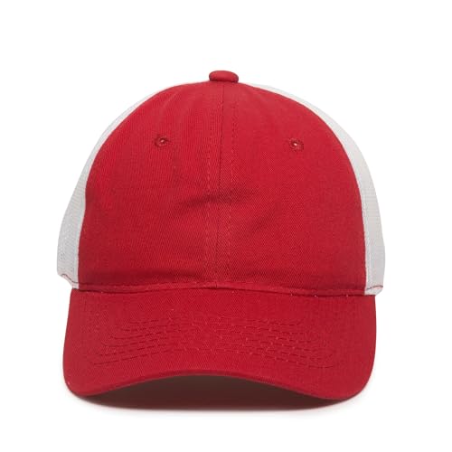 Outdoor Cap Blank Baseball Hat Mesh Back Washed Cotton Hook/Loop Tape Closure One-Size Red/White