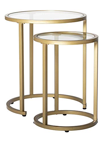 Studio Designs Home Camber Modern 20" and 14.5" Round Set of Nesting Tables in Gold/Clear Glass Studio Designs Home Camber Modern 20" and 14.5" Round Set of Nesting Tables in Gold/Clear Glass