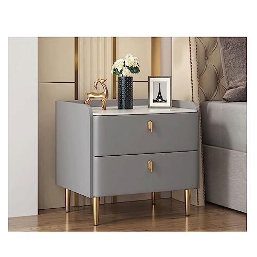 HJYBFA Mesita de Noche de Madera Maciza con 2 cajones y Cubierta de imitación mármol, Moderna Dormitorio, con Detalles en Cuero sintético.