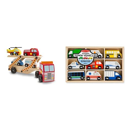 Melissa & Doug Emergency Vehicle Carrier & Wooden Town Vehicles