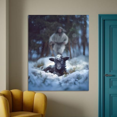 Image of Jesus and Lamb Canvas Wall Art Jesus Runs for the Lost Sheep In Winter Forest Picture Wall Art Canvas Print Christian Home Decor 12x16 inch