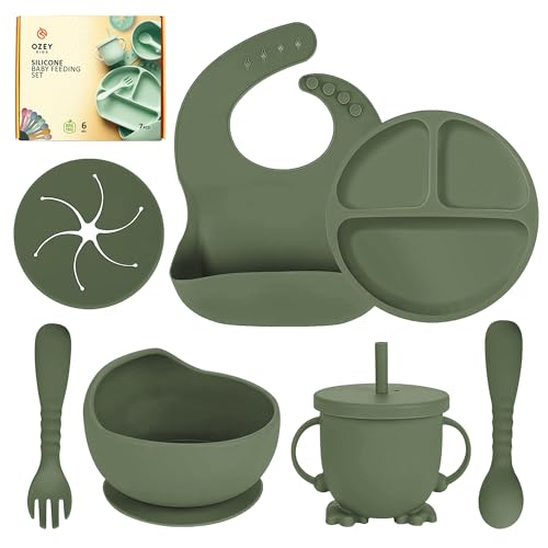 Image of OZEY Silicone Baby Feeding Set: 100% Food Grade Baby Bib, Toddler Suction Plates and Bowls Set, Spoon, Fork, Cup, Straw-Baby Led Weaning Supplies (Green)