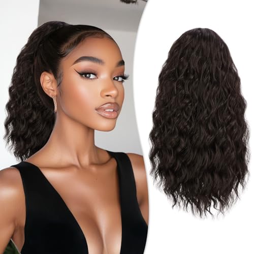 RUWISS Coleta Postiza Pelo Natural, Extensiones Pelo Rizado Coleta Postiza Larga Marrón Oscuro Ondulado Sintética Ponytail 40 cm Cola Caballo Extension para Mujeres