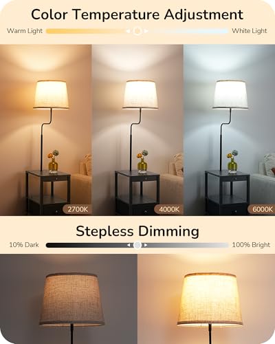 Image of EDISHINE Floor Lamp with Table, Dimmable USB-A+Type-C Ports, Remote, Black | Bulb Included, Dimmable Bedside Floor Lamp with Shelves, Farmhouse Nightstand Light for Living Room, Bedroom, Den, Office