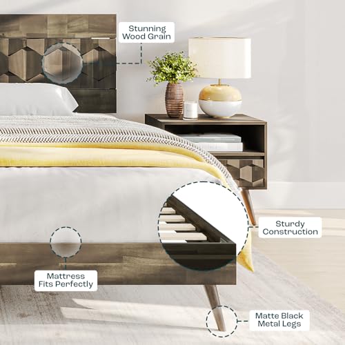 Image of Bme Georgina Signature Mocha Bed Frame, Queen Bed Frame and Headboard Handcrafted Geometric, Mid Century Modern, Solid Acacia Wood, No Box Spring Needed, 12 Strong Wood Slats Support, Easy Assembly