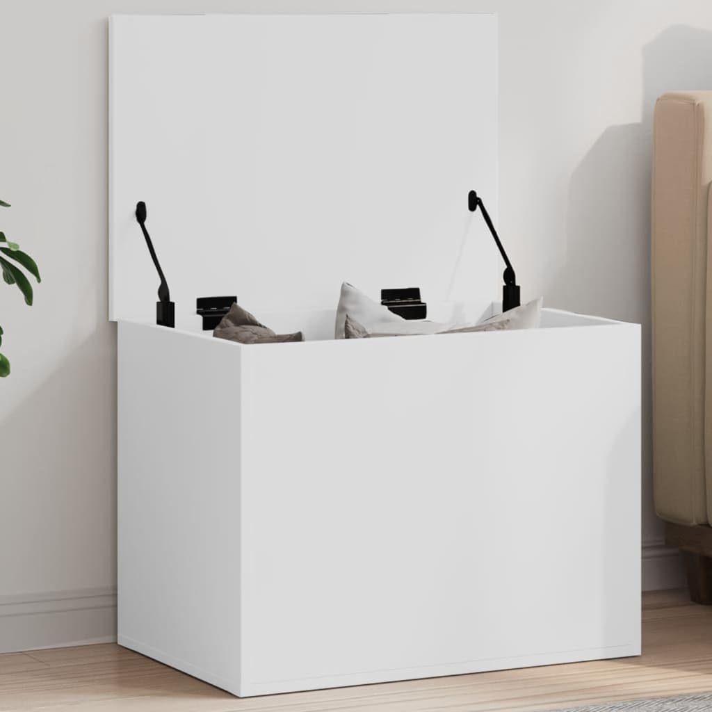 Baúl almacenaje blanco 60 cm, madera ingeniería resistente humedad. Amplio espacio ropa, mantas, juguetes. Tapa con elevación gas, uso como mesa centro. Fácil montaje, carga 125 kg. Versátil salón, do