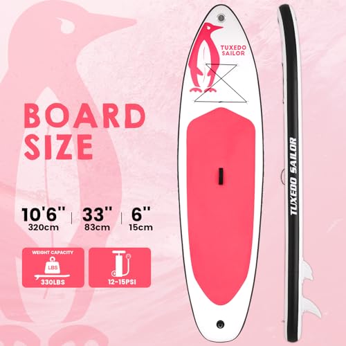 Tuxedo Sailor Inflatable Stand Up Paddle Board Inflatable SUP 10\'6\"×33\"×6\" Stand Up Paddle Board for All Skill Levels Included with Stand Up Paddle Board, Paddle, Fins, Air Valve Adapters
