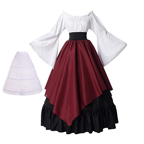 BPURB Vestido medieval para mujer, disfraz renacentista (parte superior, falda y enagua), Negro/Rojo, M