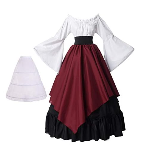 BPURB Vestido medieval para mujer, disfraz renacentista (parte superior, falda y enagua), Negro/Rojo, M