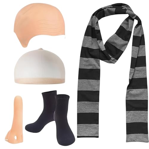 GxouQcn Bald Cap Gru Costume 5 Pcs Halloween Costume Accessories Scarf False Scalp Bald Cap Long Nose Hair Nets Sock Adult for Cosplay Halloween Party Pretend Play