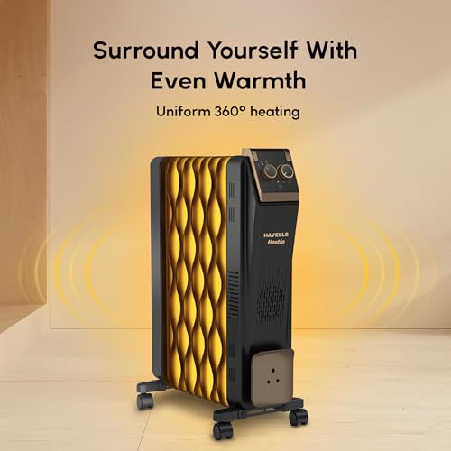 Image of Havells 9 Fin Hestio Wave Fin OFR (Oil Filled Radiator)|Room Heater|2400 W|3 Heat Settings & PTC Fan Heater|Inclined Control Panel|Retractable Wheels| Comfortable Breathing|360 Heating (Black)