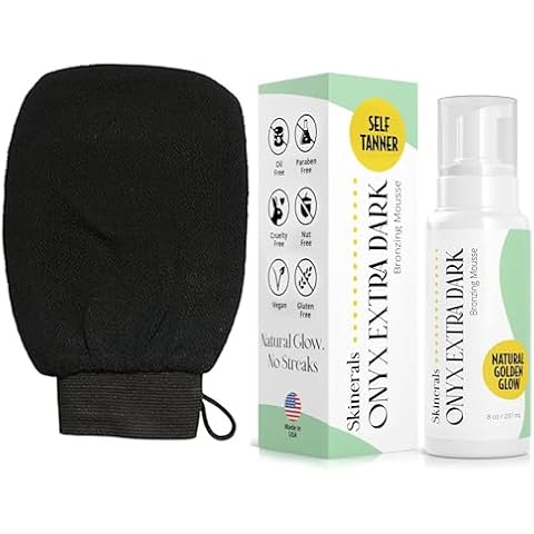 Skinerals Bundle, Onyx Dark Self Tanner Mousse & Padded Microfiber Body Exfoliating Glove, Streak Free, Over 300 Pumps Organic, Aloe, DHA, Gooseberry, Acai, Suitable For All Skin Types, 8oz Cover