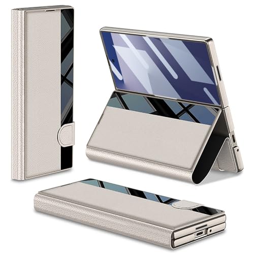 Image of TechTrendz Case for Samsung Galaxy Z Fold 7 Stand Case with Pen Slot, Luxury Flip Electroplated Shockproof Glass Hybrid Leather Flip Cover for Z Fold 7 Back Cover [Pen Not Included] (Titanium G)