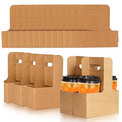 Nexboraque 50 Pack 2 Cup Kraft Drink Carrier with Handle, 2 or 4 Cup Kraft Paperboard Drink Carrier Disposable to Go Coffee Cup Holder for Hot or Cold Drinks, Food Delivery, Cafe
