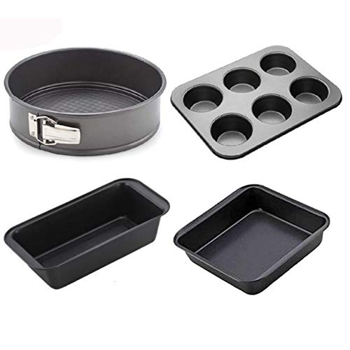MAKS Carbon Steel Round Mould, Square Cake Mould, 6 Slot Cup Cake Muffin Tray, Non Stick Bread Loaf Pan Baking Combo Set