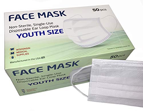 WMS Small Ear Loop Youth Face Masks, Wisconsin Medical Supplies, MADE IN USA, 4 Pack