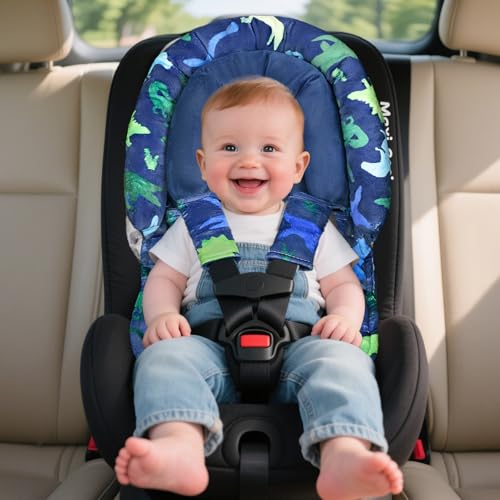 Image of TANOFAR Baby Car Seat Head Support with Extra Headrest, 2-in-1 Baby Body Supports with Shoulder Pads Set for Newborn, Adjustable Infant Car Seat Insert Compatible with Stroller, Swing (Blue Dinosaur)