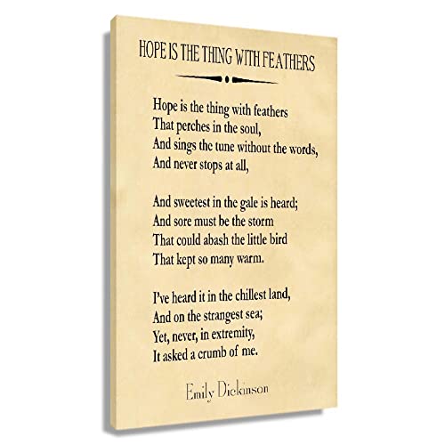 Emily Dickinson Poems Poster Hope Is The Thing With Feathers Wall Art Canvas Motivational Framed Quotes Pictures For Bedroom Vintage Prints Framed (12x18 inch)