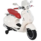 HOMCOM Moto Eléctrica para Niños de 3-6 Años Moto de Batería Autorizada de Vespa Velocidad 3-5 km/h con Faros Música 2 Ruedas Auxiliares Carga 30 kg 108x49x75 cm Blanco