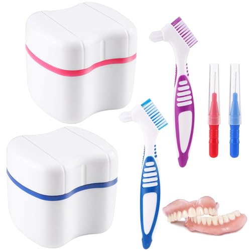 Dentures Case 2 Stücke Zahnprothese Etui 2 Prothesen Reinigerbürsten Prothesen Bade Box Zahnprothesen-Box Prothesen Zahnbürste Prothesen Becher Box für Falsche Zähne Und Zahnspangen