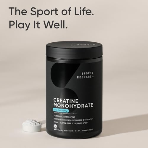Image of Sports Research Creatine Monohydrate Powder 5g, Blue Raspberry (14.18oz) | Gain Lean Muscle, Improve Performance & Strength & Support Workout Recovery | Sugar Free, Vegan, Non-GMO - 60 Servings