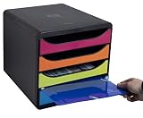Exacompta - Ref 310498D - BIG-BOX Desktop Drawer Set - 4 x 55mm Drawers, Suitable for A4+ Documents, 347 x 278 x 267mm, 100% Recycled Plastic - Black/Harlequin - 8
