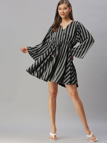 Image of SHOWOFFFF Women Stripe Print Empire Party Dress | V Neck Full Sleeves Lycra Dress for Womens | Above Knee Dress for Women's