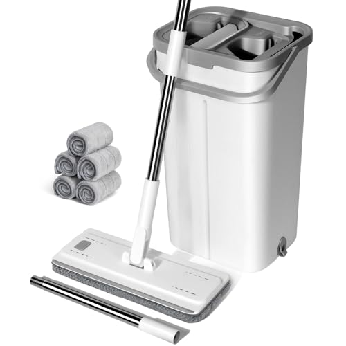 Masthome Juego de Fregona y Cubo, Fregona Plana Profesional con Mango de Acero Inoxidable y 5 Paños de Repuesto de Microfibra para Suelos de Madera, Laminado, Baldosas y Mármol, Blanco + Gris