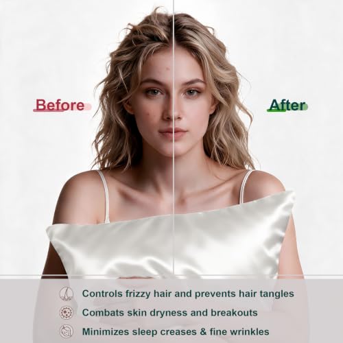 Image of LYSHIN Silk Pillow Cases 2 Pack Standard Size with Zipper, Ivory | 19 Momme Mulberry Silk Pillowcase for Skin and Hair, Anti-Acne, Hypoallergenic, Cooling, Beauty Sleep, Gifts for Women