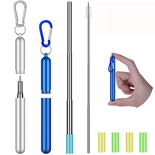 Collapsible Reusable Straws Stainless Steel, Telescopic Metal Straws Drinking Straw with Portable Travel Case, Keychain, Cleaning Brush, Silicone Tips, 2 Pack (Royal blue & Silver)