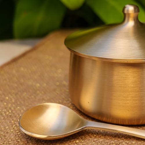 Image of Very Vogue Pure Kansa Handi with Spoon - 600 ML Small Serving Bowl | Traditional Tapeli /Bhagona with Golden Finish | Healthy Ayurvedic Bronze Serveware for Kitchen & Dining