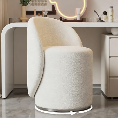 Enliansgo Swivel Vanity Ottoman Stool for Bedroom - 360° Rotating Makeup Stool, Anti-Slip Dressing Table Chair, Modern Luxe Accent Chair,Linen Upholstered Barrel Club - White