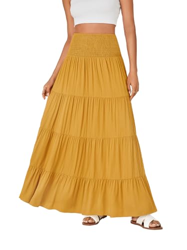 KIFOVEN Women's Elastic High Waist Pleated A-Line Tiered Ruffle Smocked Flowy Maxi Long Skirt Yellow X-Large