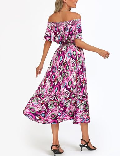 Image of Prettywear Women's 2025 Spring Summer Boho Off Shoulder Midi Dress Floral Short Sleeve A Line Casual Beach Vacation Dresses