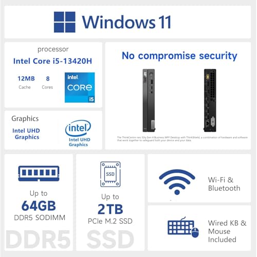 Image of Lenovo ThinkCentre Neo 50q Gen4 1L Mini PC | Intel Intel Core i5-13420H (8Cores, Up to 4.6GHz) | 32GB RAM, 1TB SSD | Windows 11 | WiFi 6, RJ45 | Dual 4K Display Support | Wired KB & Mouse