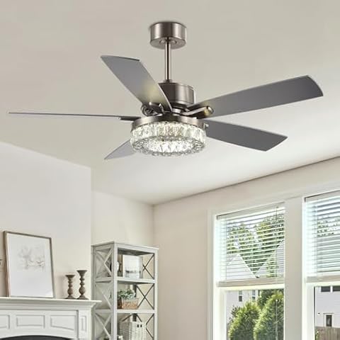 Tropwellhouse 52Inch Crystal Ceiling Fan with Light, Modern Fandelier Led Dimming with Remote Control, 5 Wood Reversible Blades, Noiseless Chrome Metal Motor, Chandelier Fan for Home,Bedroom Cover